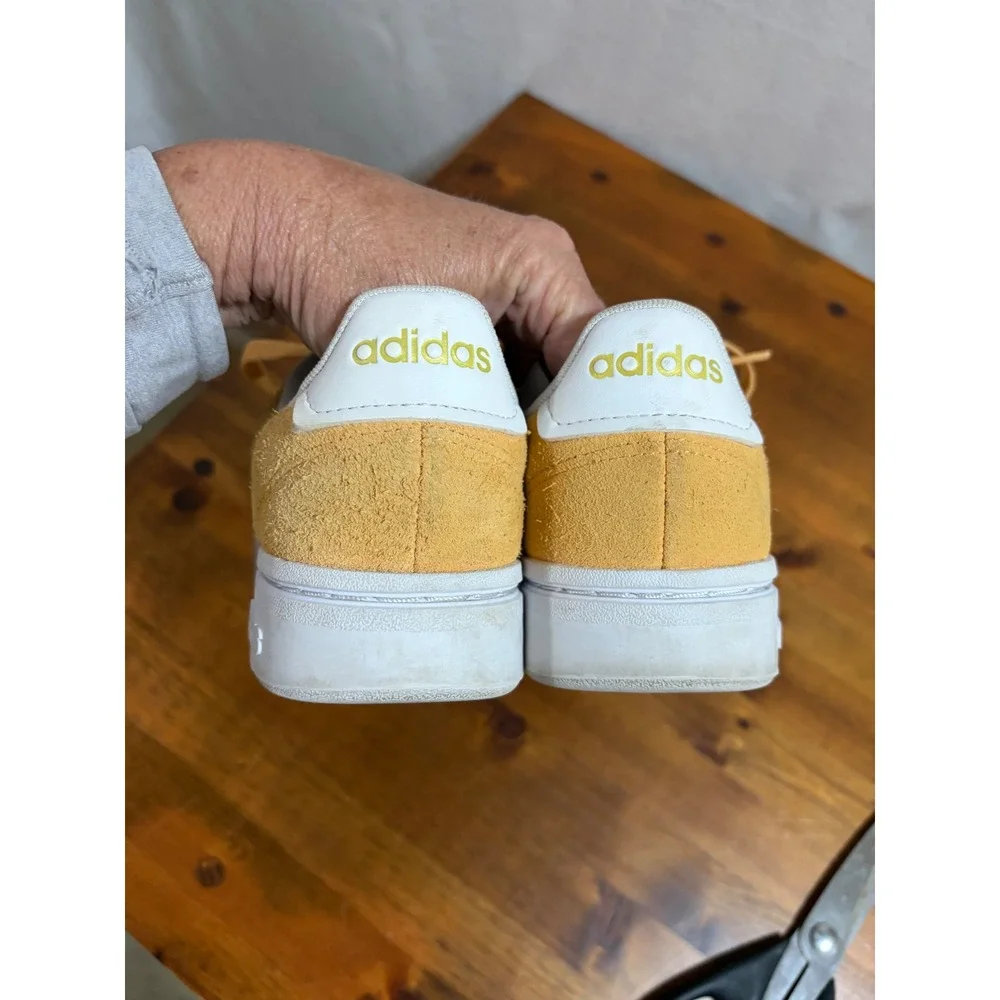 Adidas Grand Court Mustard Yellow Suede Sneakers White Stripes Womens RARE 6.5